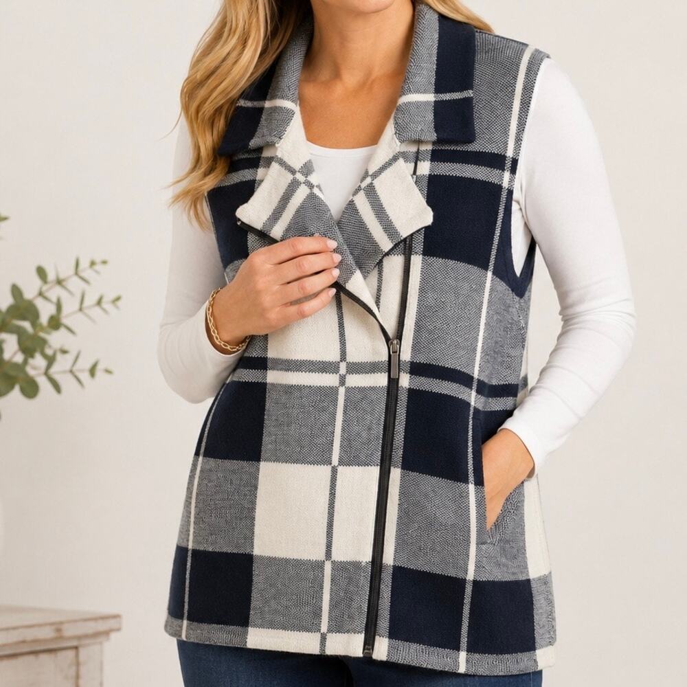 CHAPS Ralph Lauren | Asymmetrical Zipper Plaid Sweater Vest Navy Gray | XL